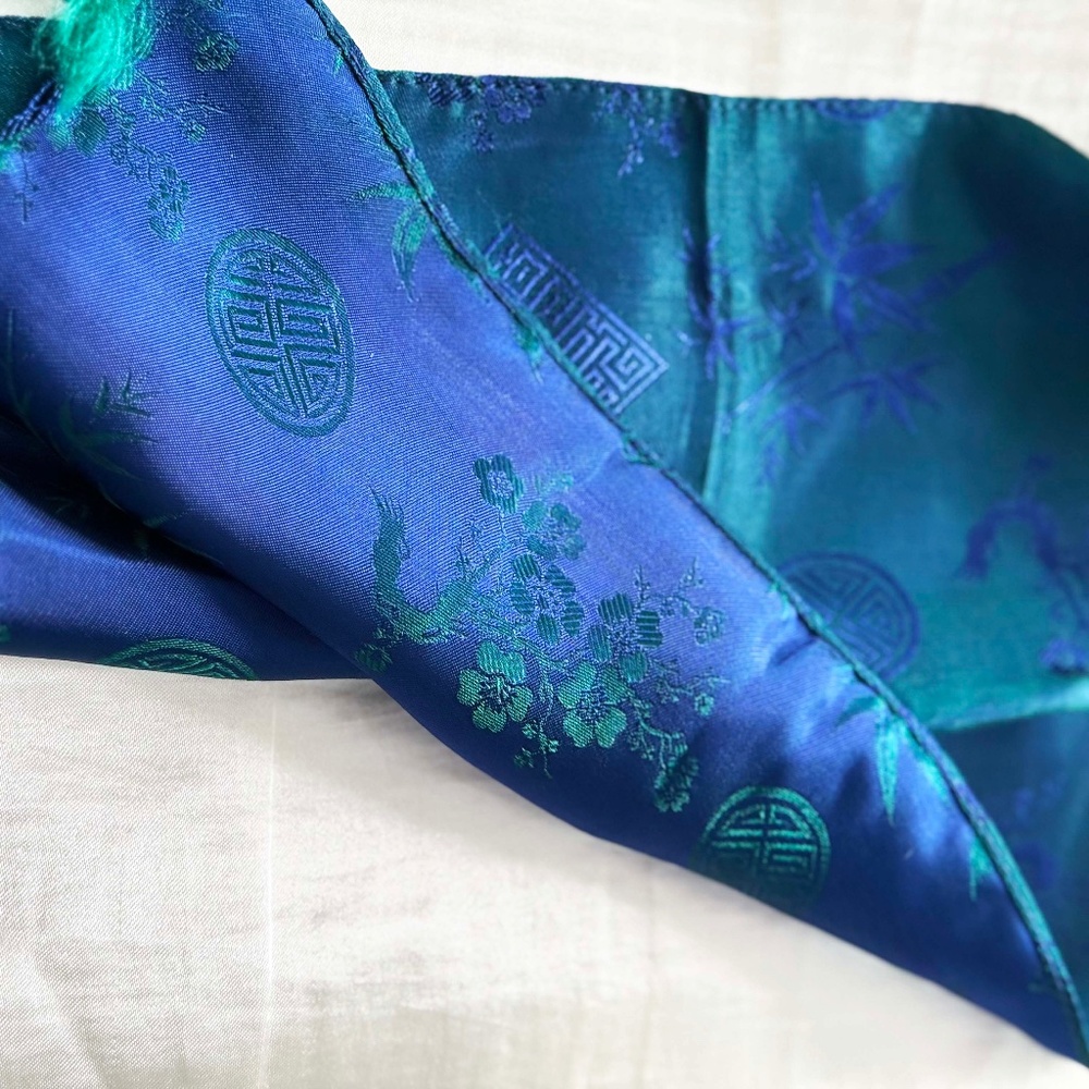 100% SILK SCARF, REVERSIBLE, 52 X 11 INCHES, BLUE/SHINY GREEN AND OTHER SIDE GRN